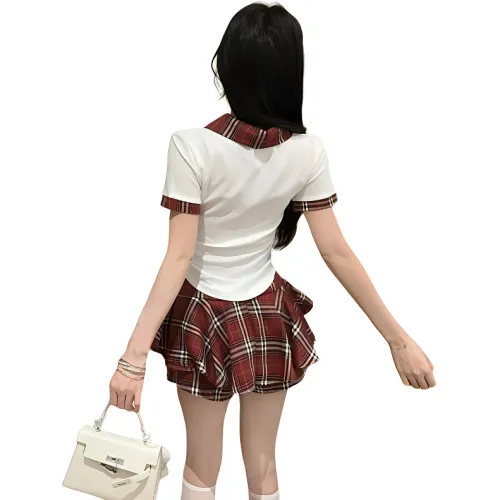 Garbege Uniforms Women's White Checkered Skirt Tie Clothing Sets