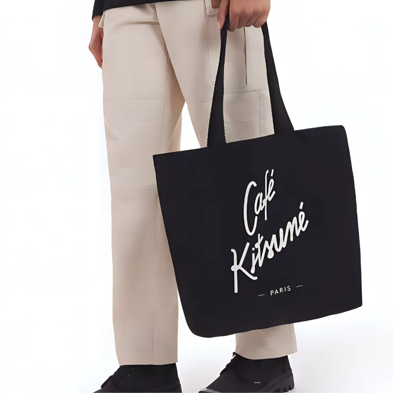 Maison Kitsune Cotton Tote Bag, Shopping Bag, Handbag Regular Unisex Black-3