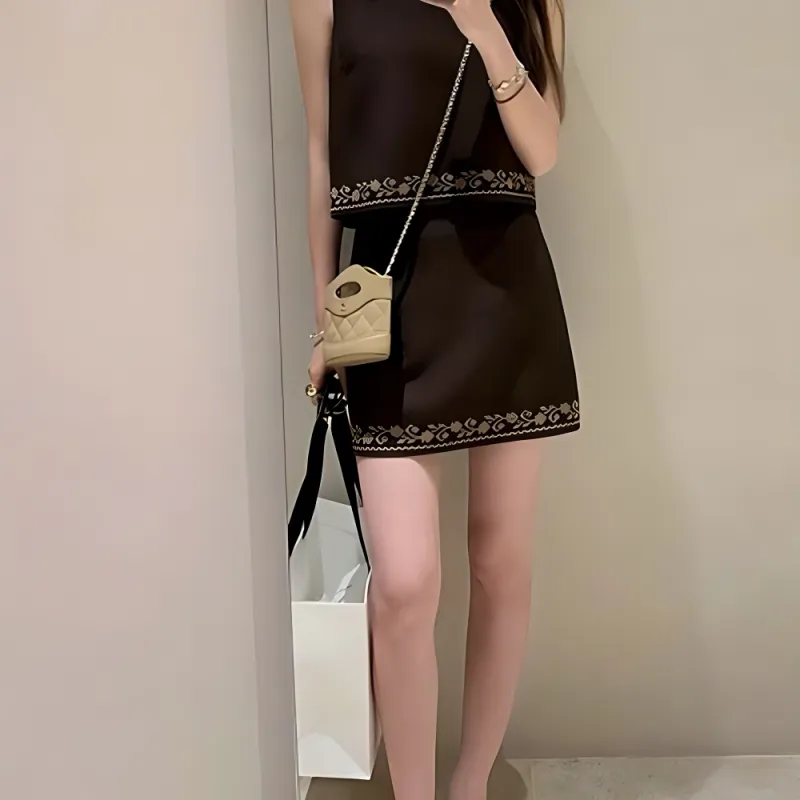 TURN UP Skirt Set Women's Brown Two Piece Set+Bowknot Hair Tie Comes With-2