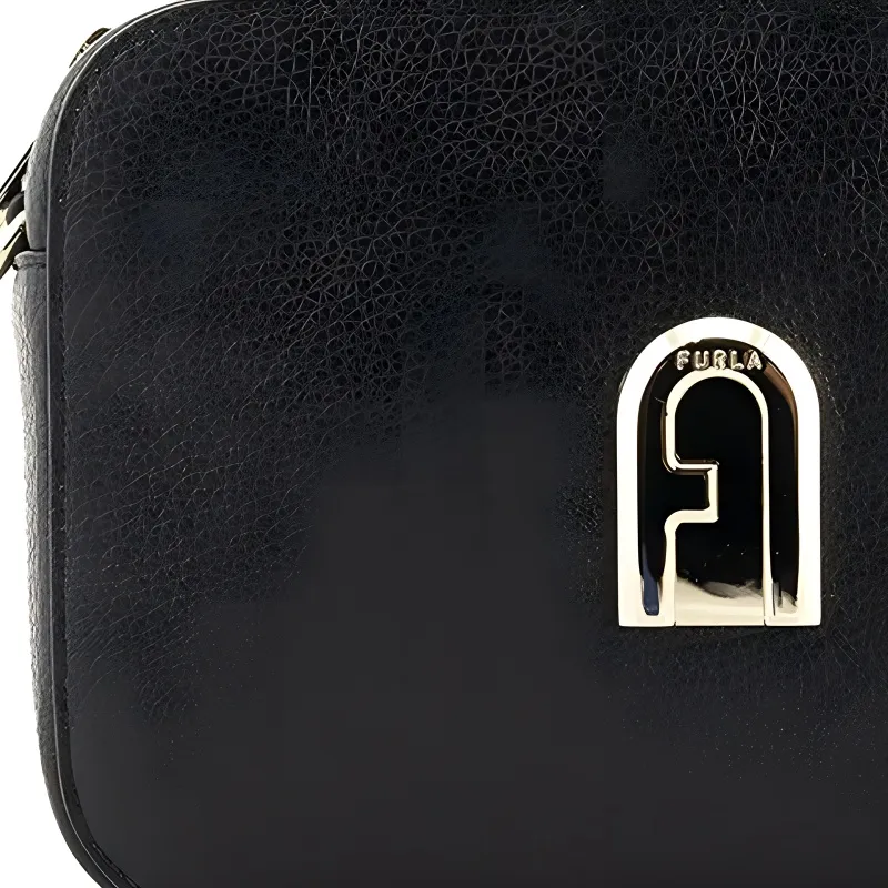 Furla Sleek Collection Hammered Texture Leather Camera Bag, Shoulder Bag, Crossbody Bag Women's Black-4