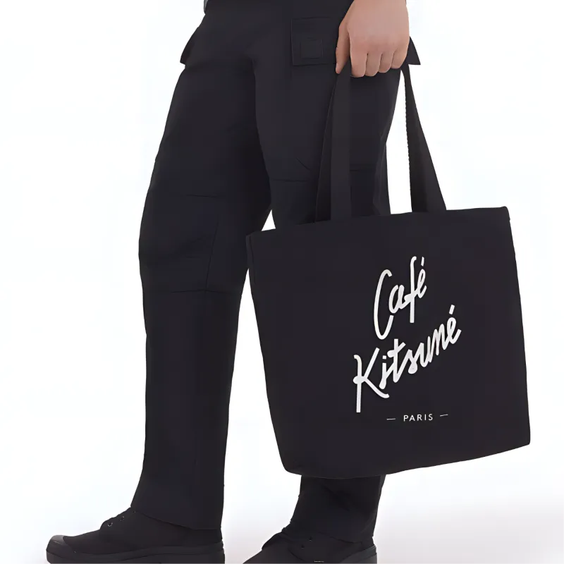 Maison Kitsune Cotton Tote Bag, Shopping Bag, Handbag Regular Unisex Black-4