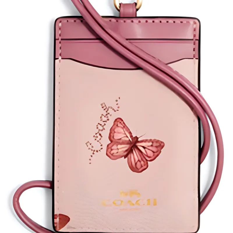 COACH Lanyard Leather Card Holder Women's Pink-2