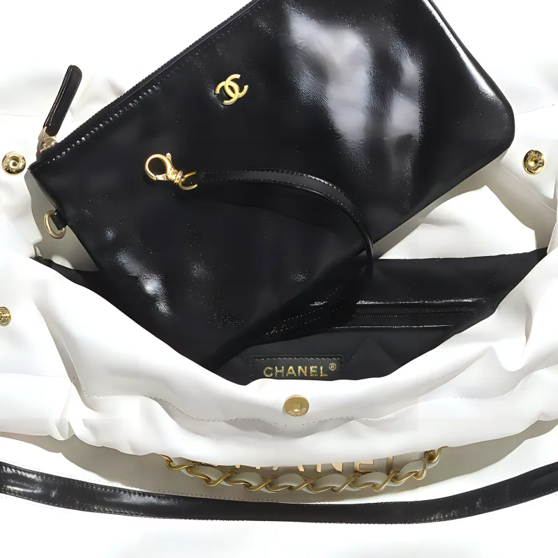 CHANEL Bright Calfskin Handbag, Shoulder Bag Regular Women's White & Black-3