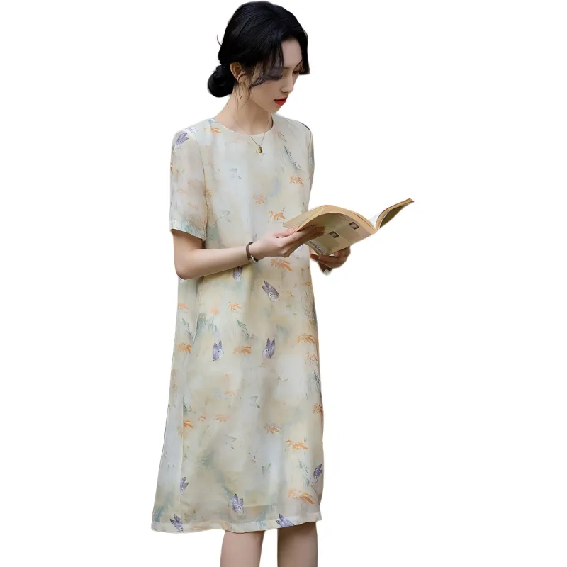 【dme】 Short Sleeved Dress Women's Beige Yellow-3