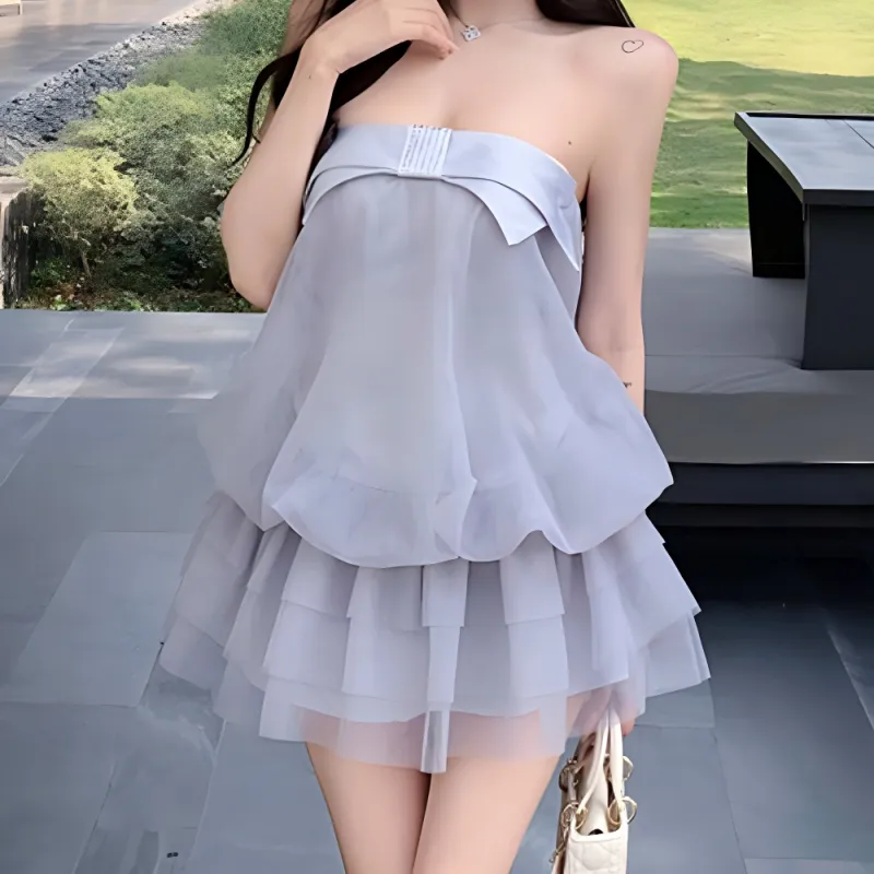 TURN UP Sleeveless Dress Women's Rain Blue+Bowknot Hair Tie Comes With-3