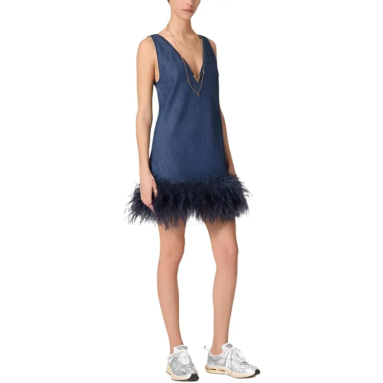 Valentino Feather trim Denim Dress-3