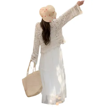 SNZX Two Piece Skirt Sets Women's Clothing Set Apricot Cover Up+White Skirt