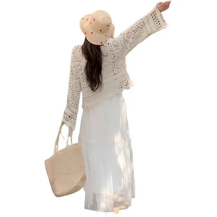 SNZX Two Piece Skirt Sets Women's Clothing Set Apricot Cover Up+White Skirt-0