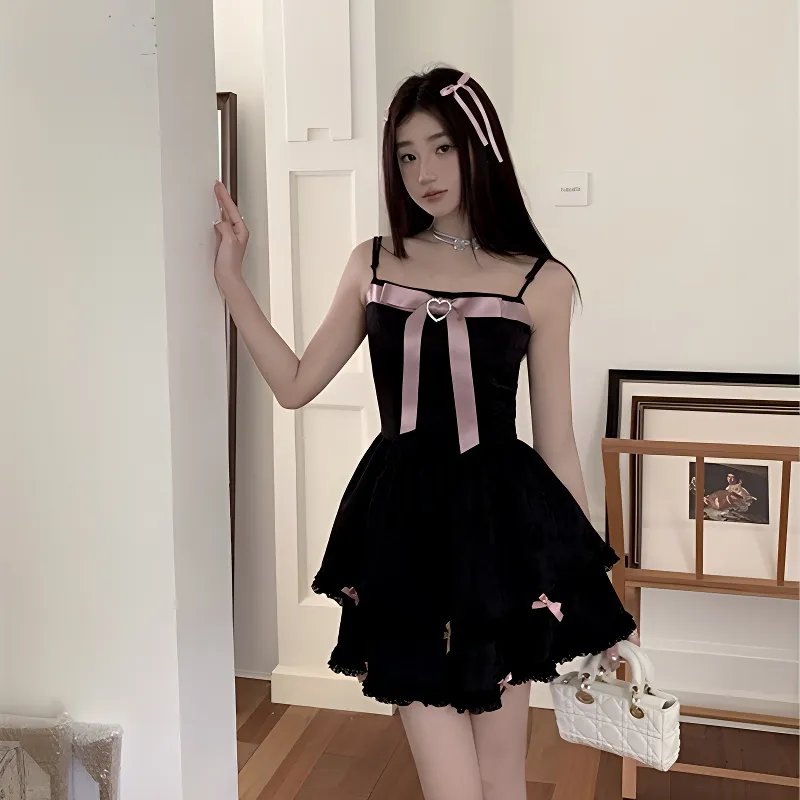 TIBINB Slip Dresses Women's Black Bowknot Dress-2
