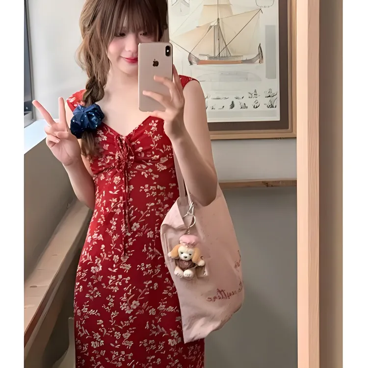 DOKZB Slip Dresses Women's Red-4