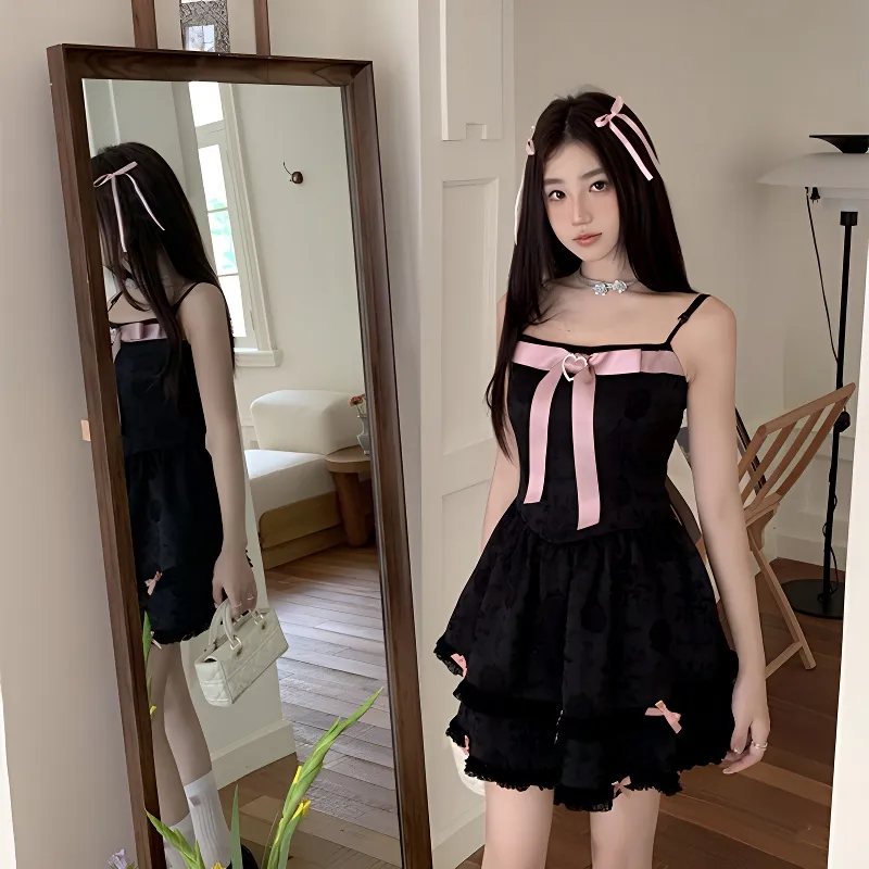 TIBINB Slip Dresses Women's Black Bowknot Dress-3