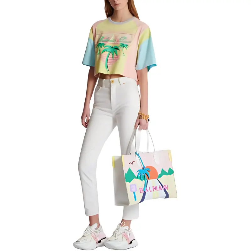 BALMAIN Palm Tree Printed Cropped T Shirt-3
