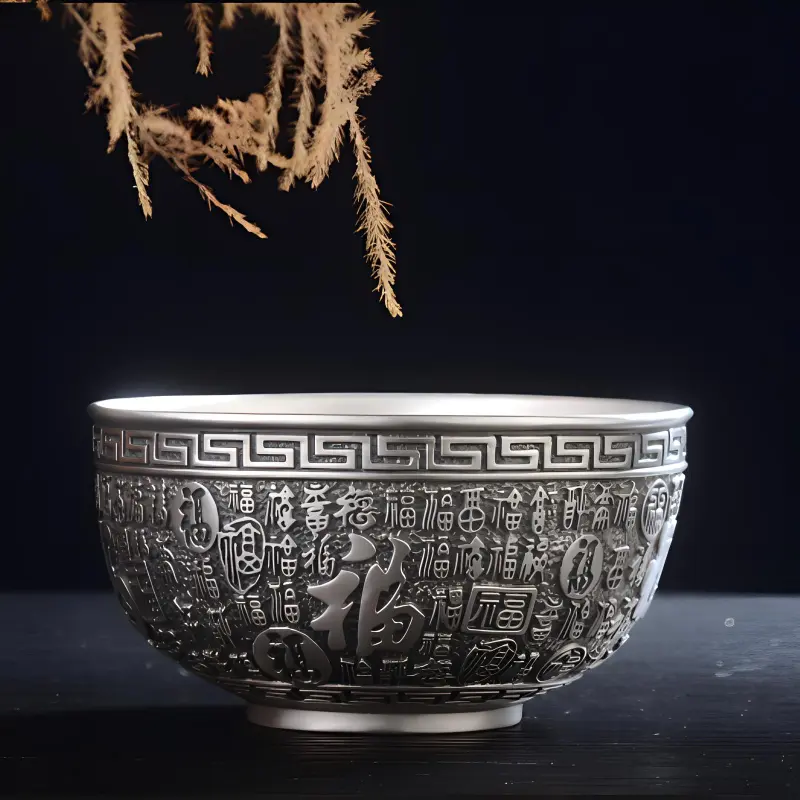 QINGFU 999 Fine Silver Sterling Silver Bowl, Chopsticks, And Spoon Set Unisex-2
