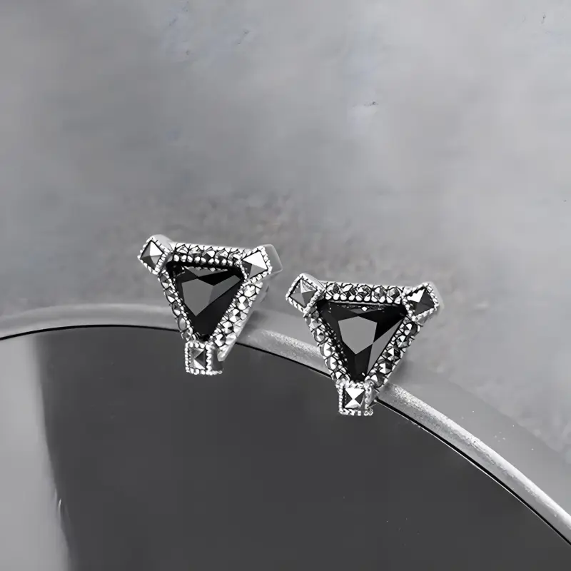 MGS S925 Silver Cool Black Glitter Fashion Trendy Hoop Earrings Women's-2