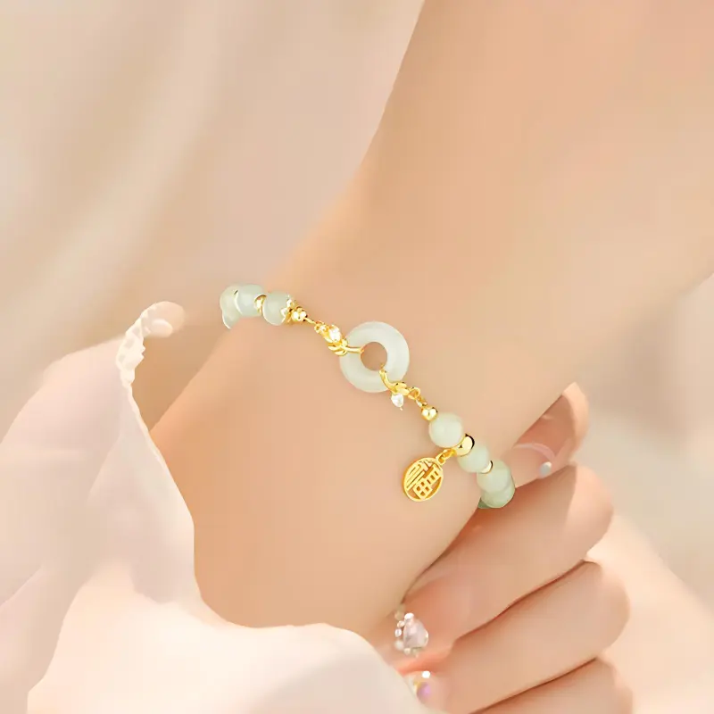 Old Fu Gold S925 Sterling Silver, Hetian Jade Bracelet Pale Greenish White Jade Women's-4