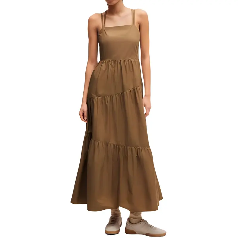HUGO BOSS Maxi Dress In Cotton Poplin With Crossover Straps Slip Dresses Women's Brown-2