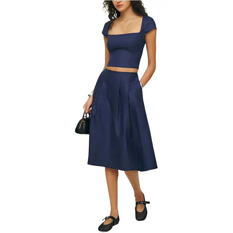 REFORMATION Savannah Linen Two Piece Skirt Set Women's Dark Blue-2
