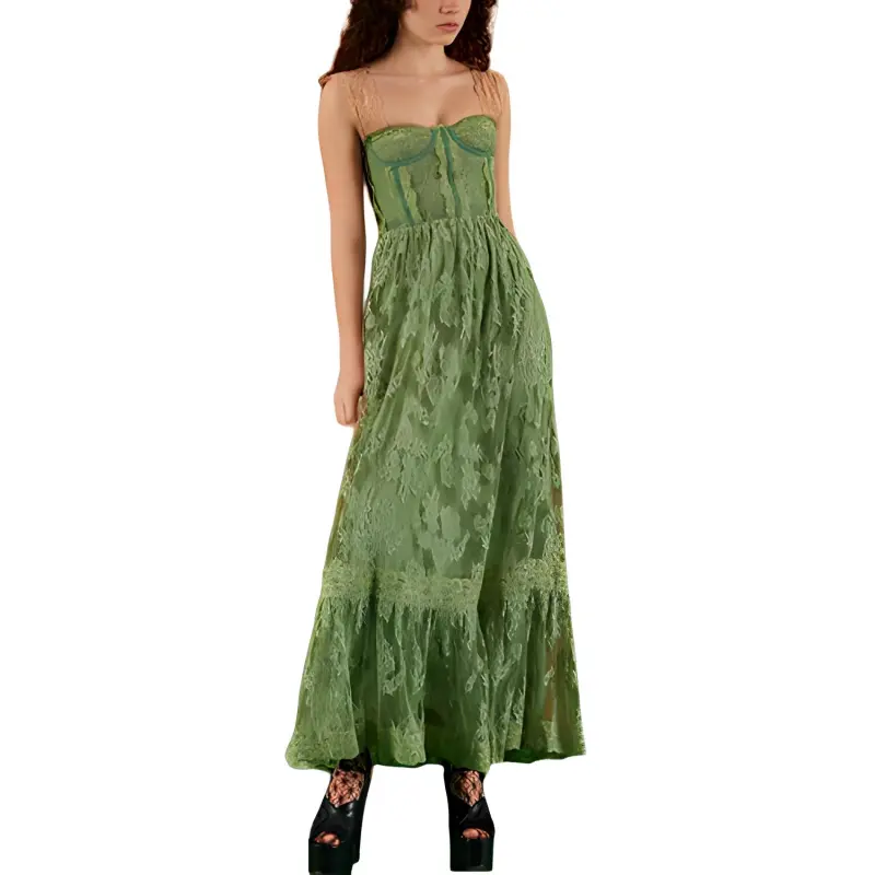GUCCI Sleeveless Lace Corset Tiered Dress Green-2