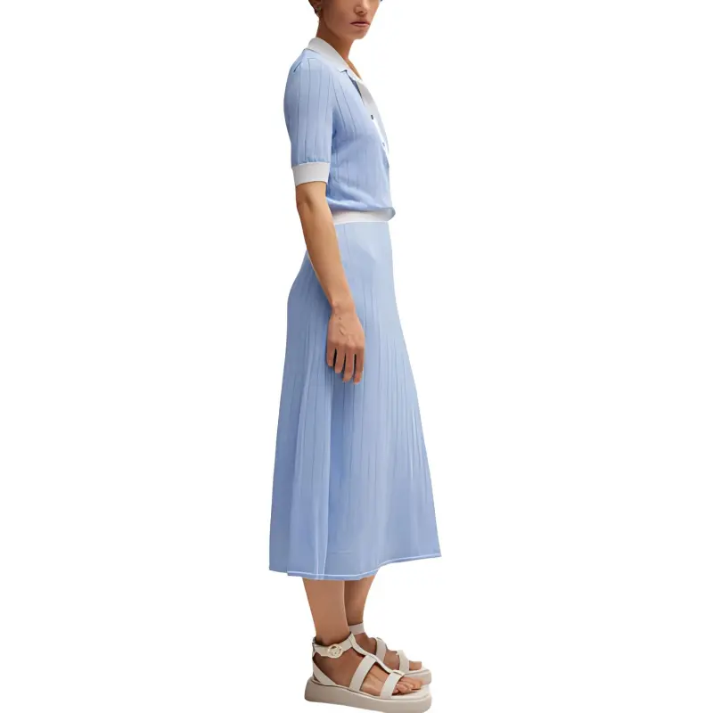 HUGO BOSS Linen Blend Dress With Button Placket Short Sleeved Dress Women's Blue-4