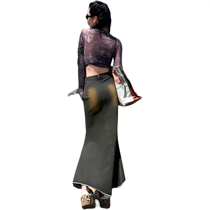 Oudifu Denim Long Skirt Women's Nostalgic Blue-1