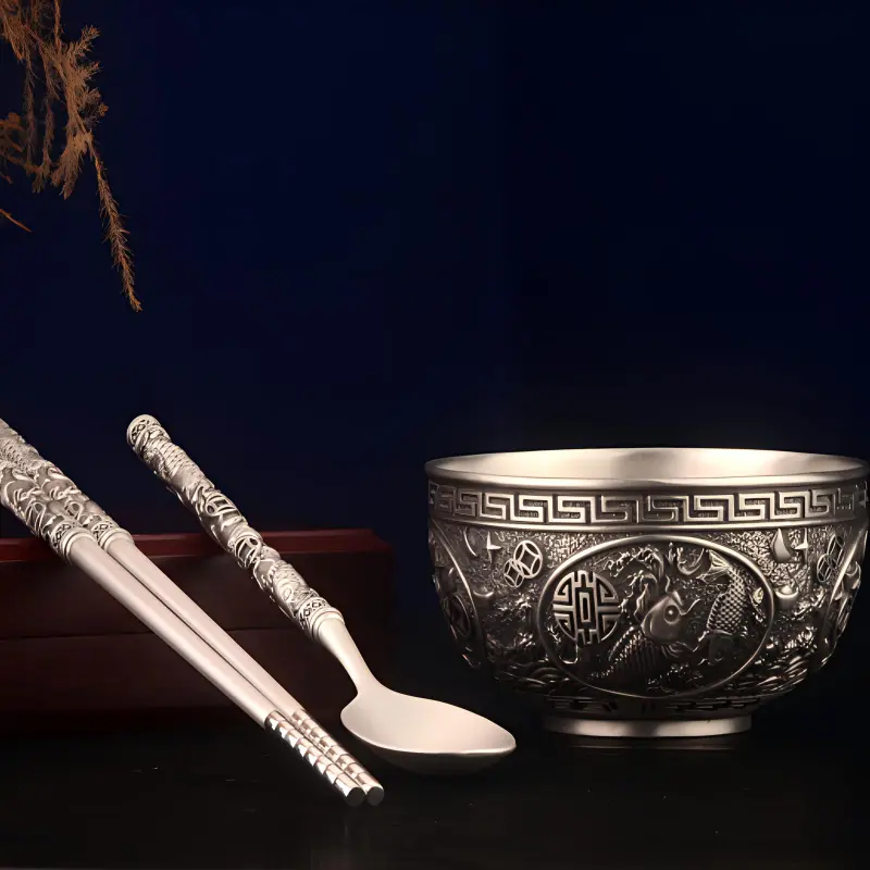 QINGFU 999 Fine Silver Bowl, Chopsticks, And Spoon Three Piece Set Unisex-1