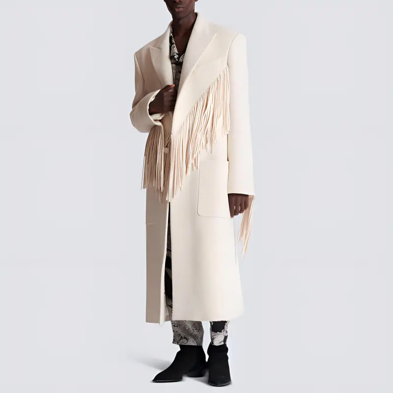 BALMAIN Single breasted Fringed Maxi Coat-1