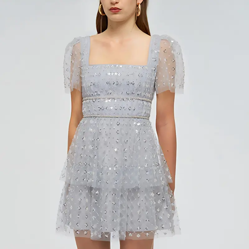 Self portrait Short Sleeved Dress Women's Light Gray-2