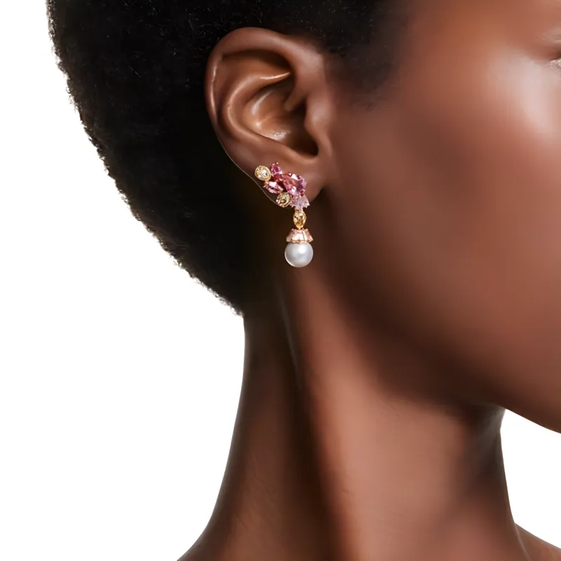 Swarovski Crystal Zircon Pearl Gold-Plated Earrings Women's Red-3