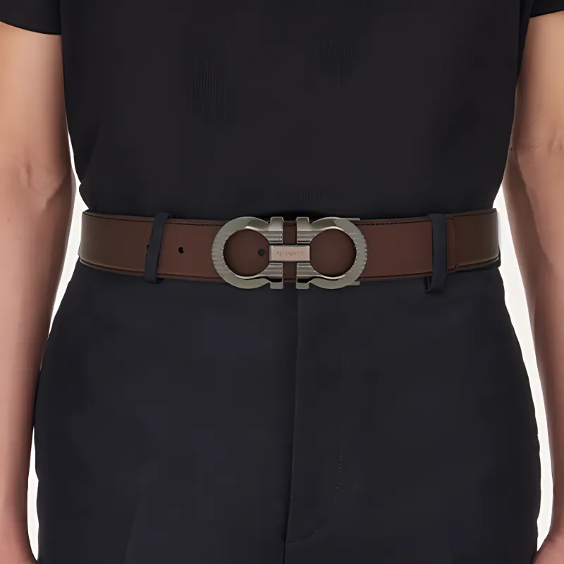 FERRAGAMO Color Blocking Design Leather Belts Men's Brown Width 3.5CM-2