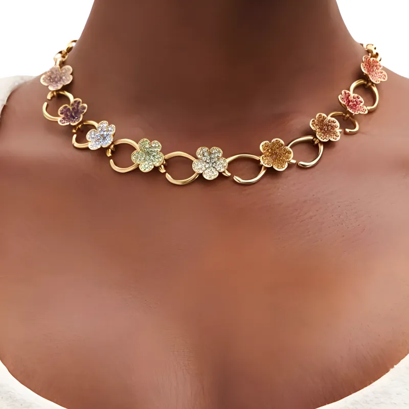 Oscar De La Renta Crystal Flower O Chain link Necklace-2