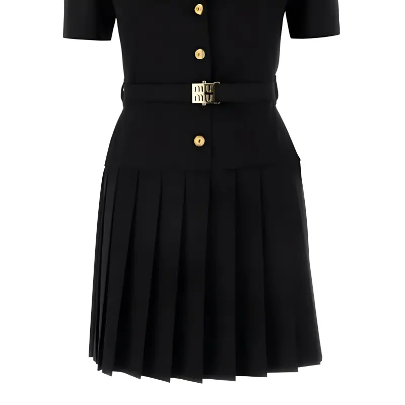 MIU MIU Short Sleeved Belted Pleated Dress-5