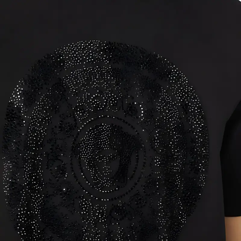 VERSACE Solid Color Logo Crystal Decoration Short-Sleeved T-Shirt Men's Black-4