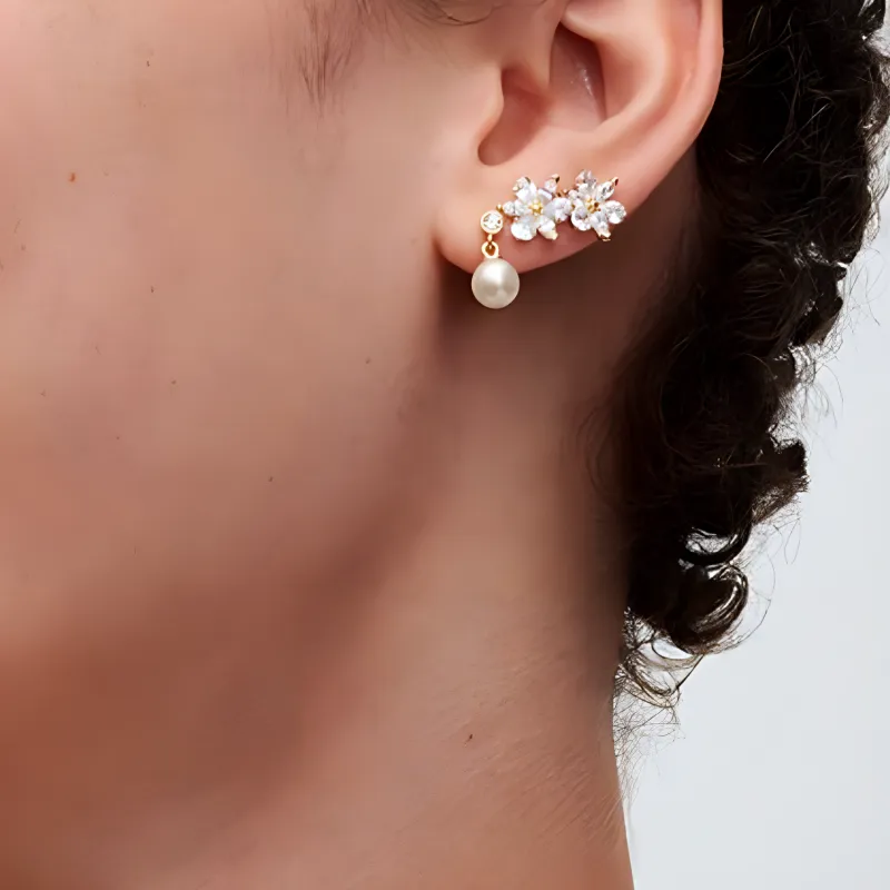 Pandora Freshwater Pearl Gemstone 14K Gold Cubic Zircon 14K Gold Plated Earrings Women's White-2