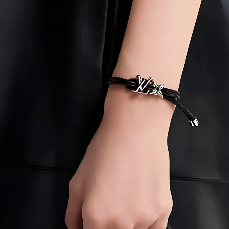 LOUIS VUITTON Leather Metal Wristbands Women's Black-2