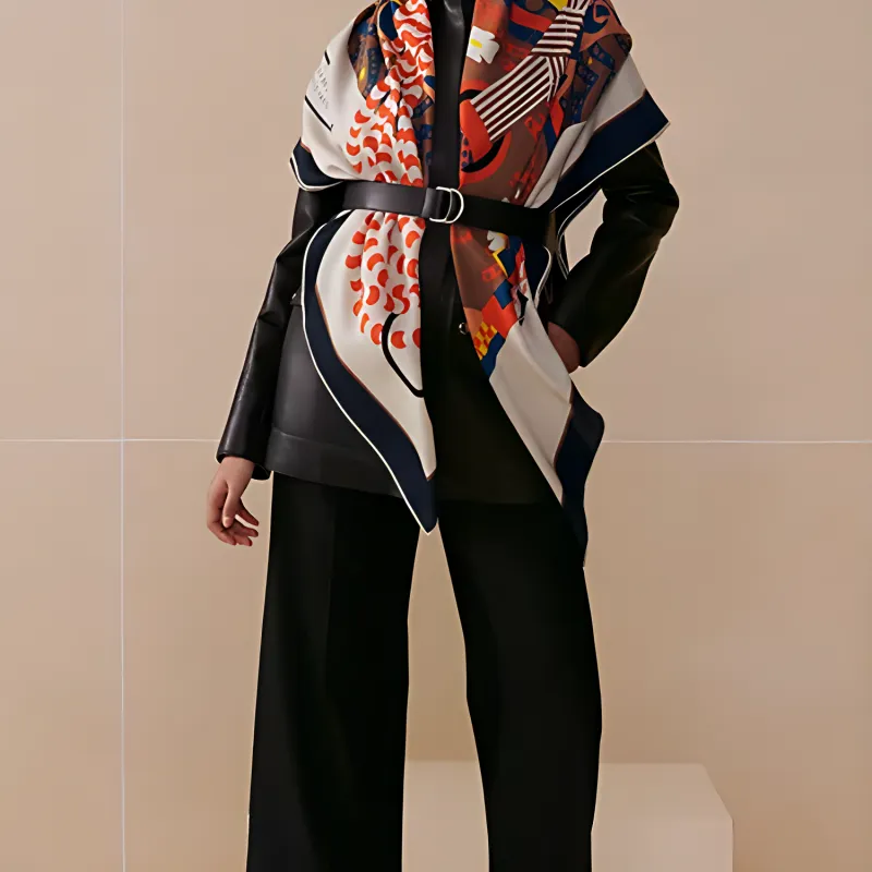 HERMES Silk Shawls Women's Natural Color/Navy Blue/Bright Yellow-2