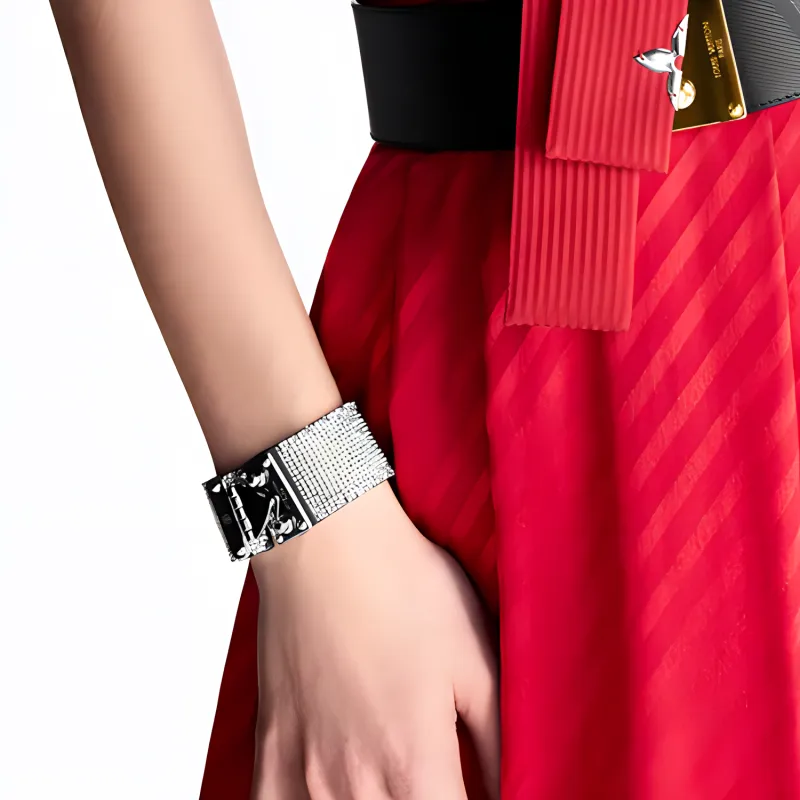 LOUIS VUITTON Cow Leather Metal Parts Rhinestone Bangles Women's Silver-2