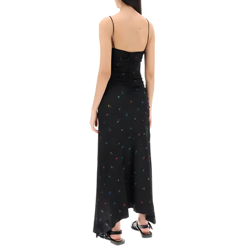 GANNI Floral Satin Ruched Long Slip Dress-2