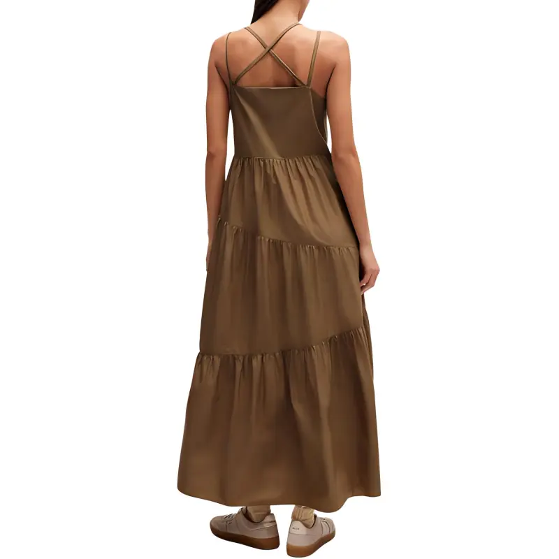 HUGO BOSS Maxi Dress In Cotton Poplin With Crossover Straps Slip Dresses Women's Brown-3