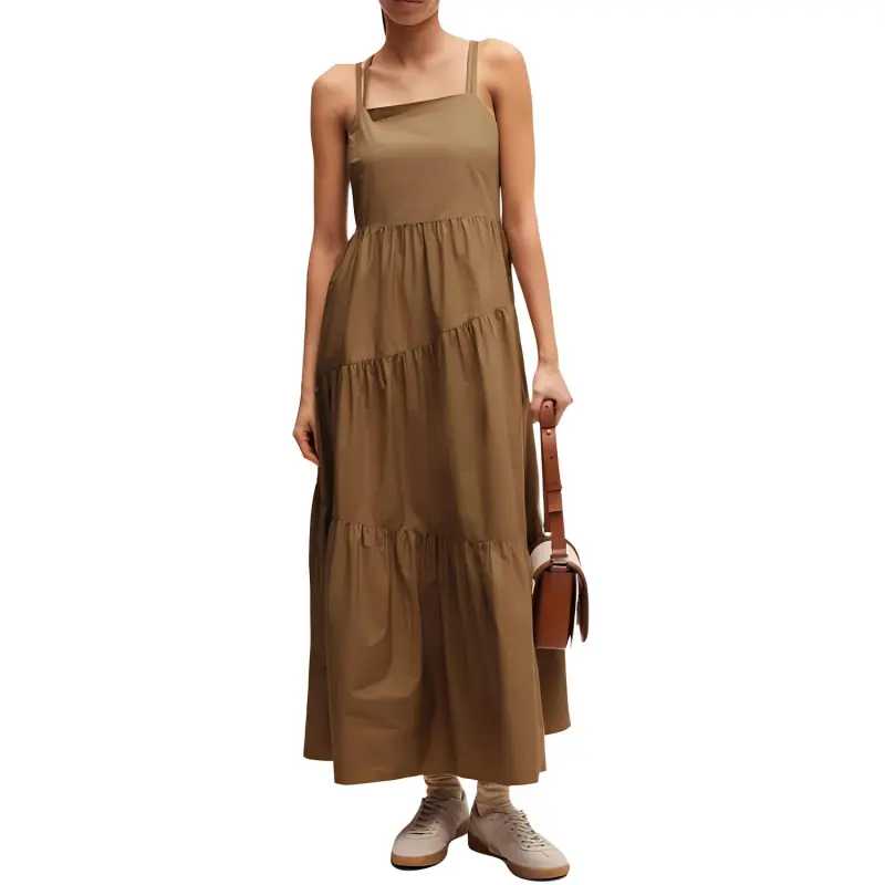 HUGO BOSS Maxi Dress In Cotton Poplin With Crossover Straps Slip Dresses Women's Brown-1