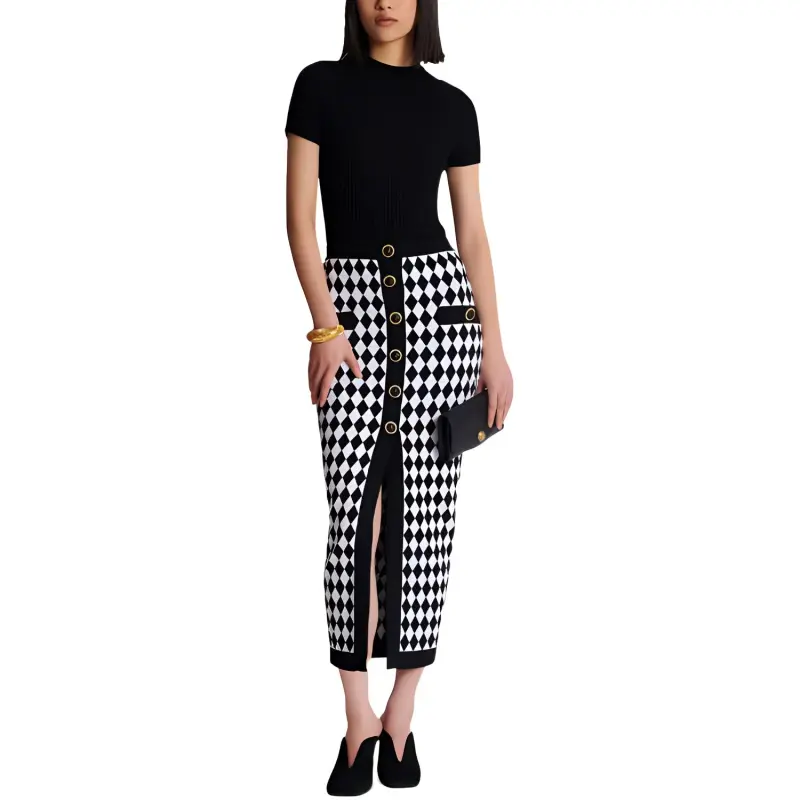 BALMAIN Diamond intarsia Knitted Midi Skirt-1
