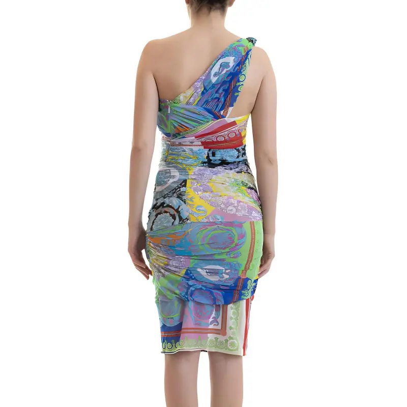 VERSACE Patchwork Effect One Shoulder Draped Dress 'Multicolor'-3