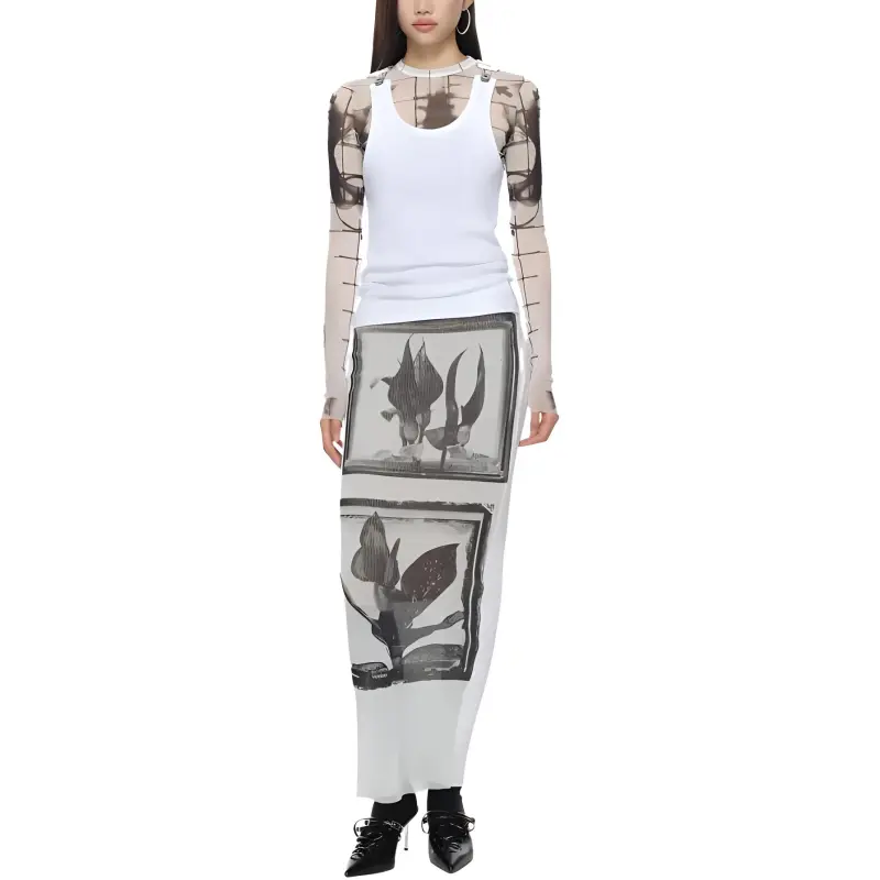 Jean Paul Gaultier Printed Flowers Sheer Front Long Skirt 'White/Grey/Black'-1