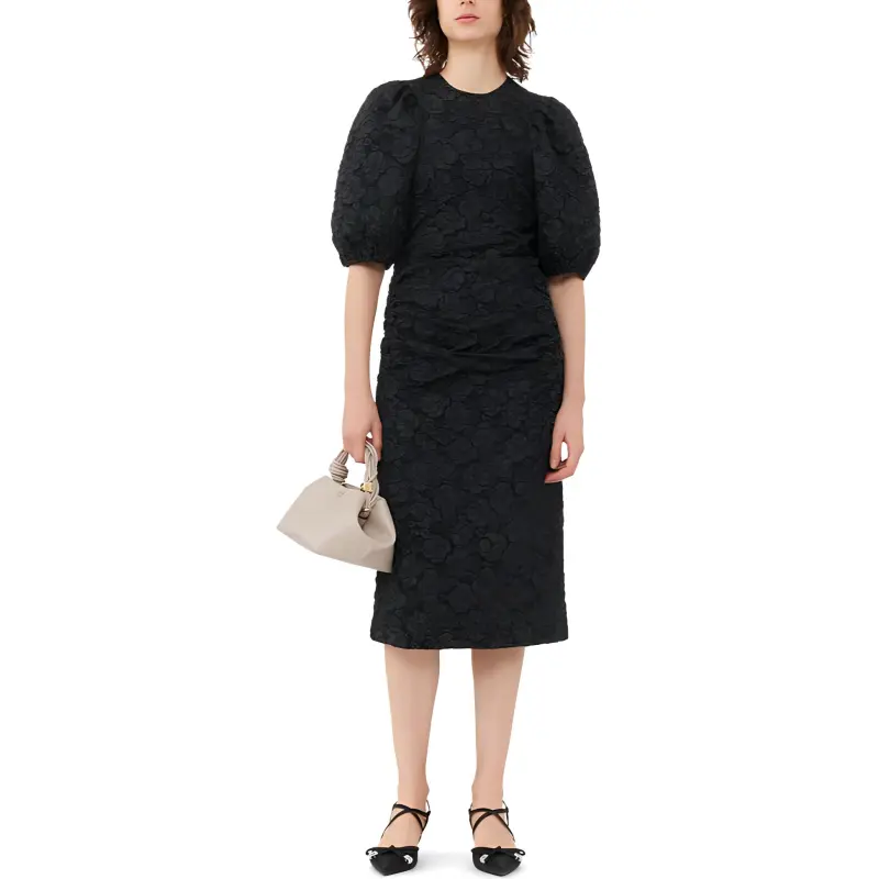 GANNI Jacquard Puff Sleeves Midi Dress Short-Sleeved Dresses Women's Black-3