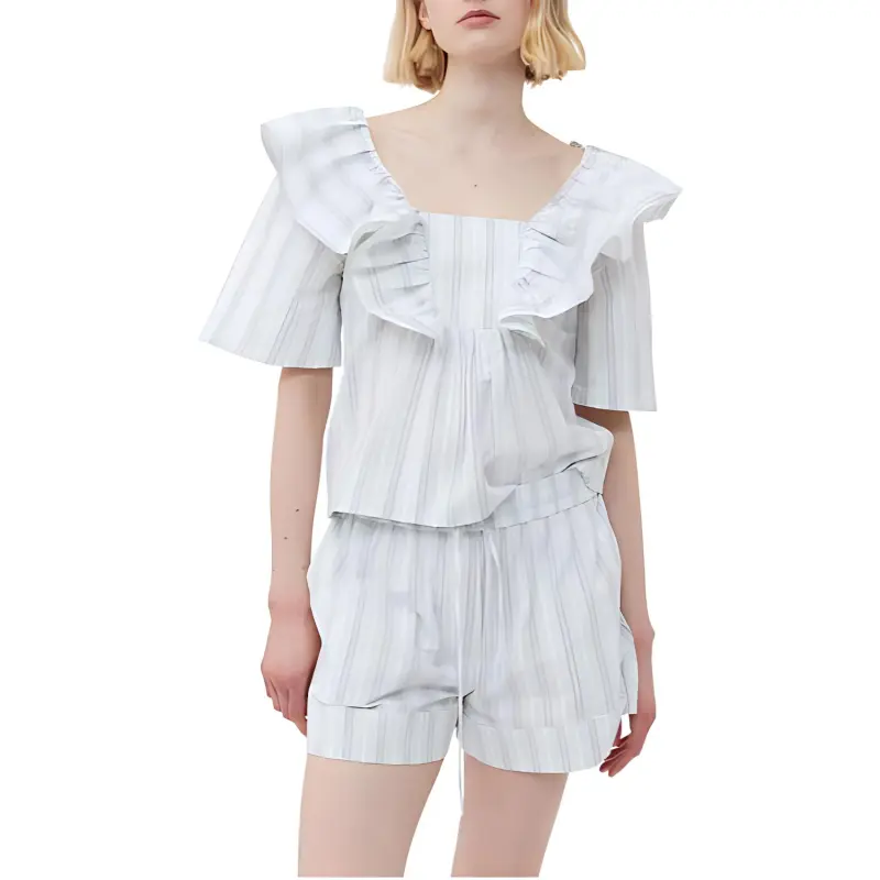 GANNI Ruffle Detailed Square Neck Blouse-2