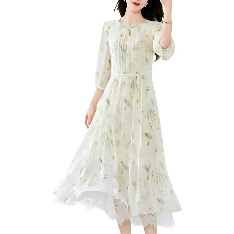 Yi Mengyuan Silk Long Sleeved Dress Women's Apricot-2