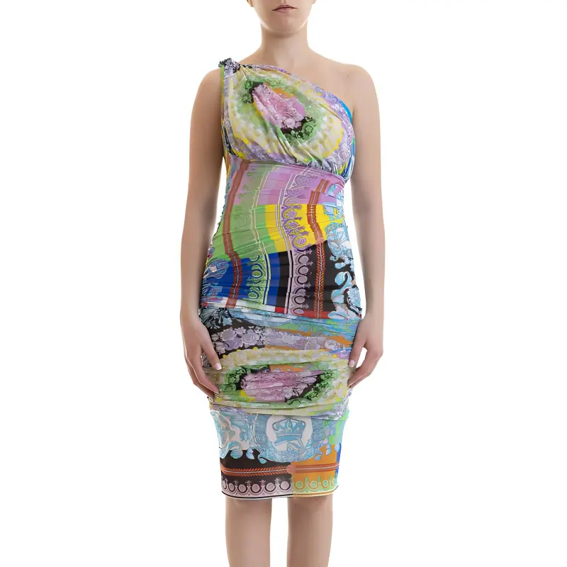 VERSACE Patchwork Effect One Shoulder Draped Dress 'Multicolor'-2