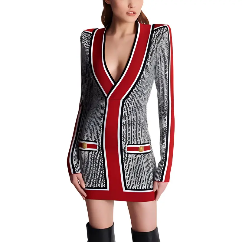 BALMAIN V neck Monogram Knitted Minidress-4