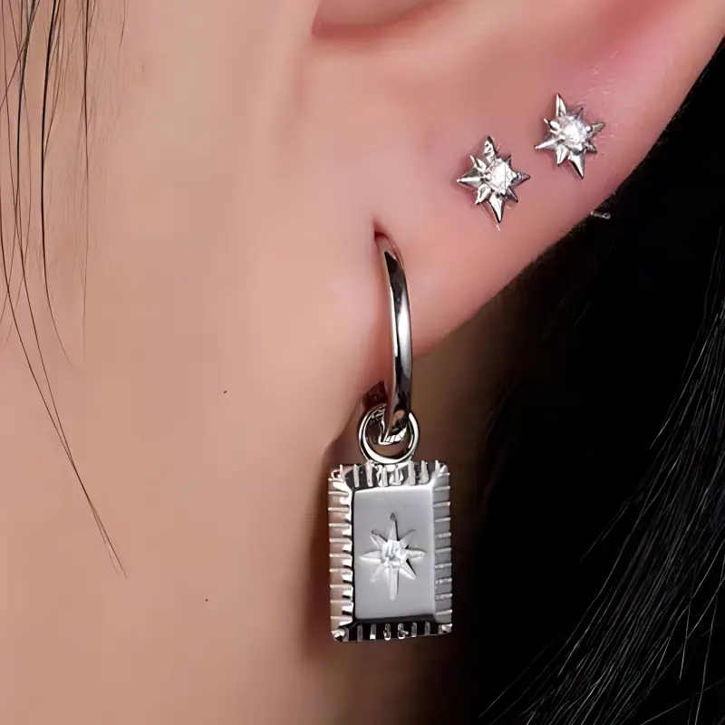 Stone Edge Poly Foot Silver 990 Sterling Silver Hoop Earrings Unisex-2
