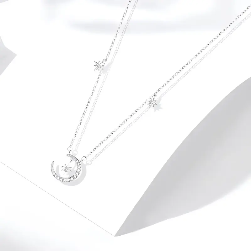 Muyan S999 Fine Silver Sparkling Star Moon Necklace Women's-1