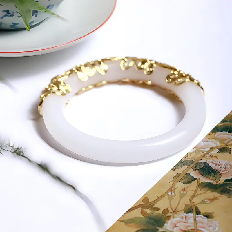 Artisan Lock Heart Jade Golden Silk Jade Bangles Unisex-5